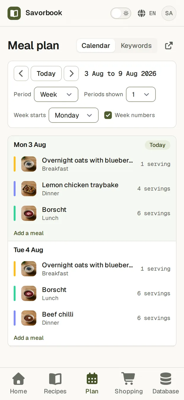 The SavorBook planner on a phone, showing the week ahead with a photo of every meal